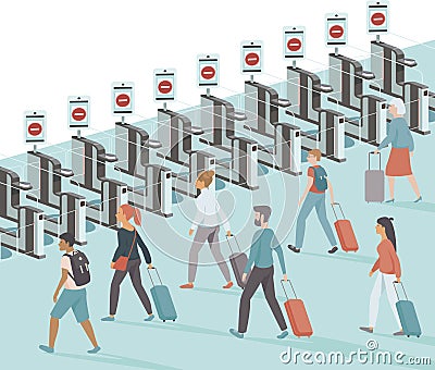 Lockdown country borders during coronavirus quarantine. Crowd of upset passengers with closed e-gates in the airport. Vector Illustration